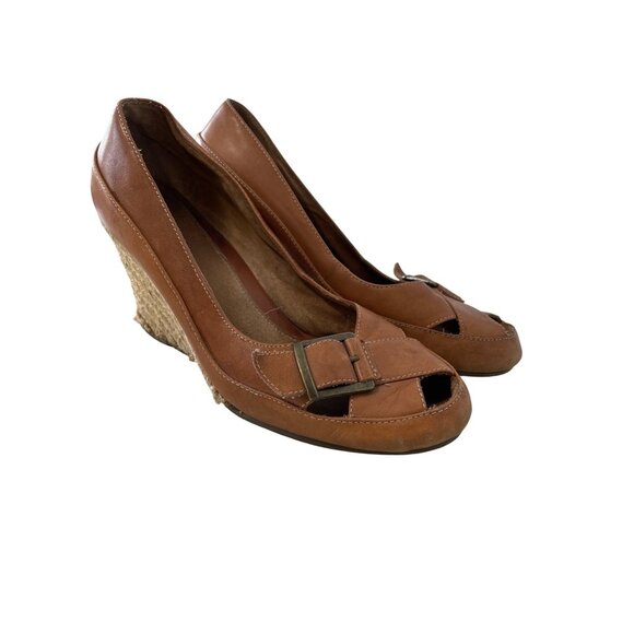 Aerosoles Kin Ship Wedge Espadrilles Size 8 Slip On Buckle Strap Leather Brown - Picture 1 of 10